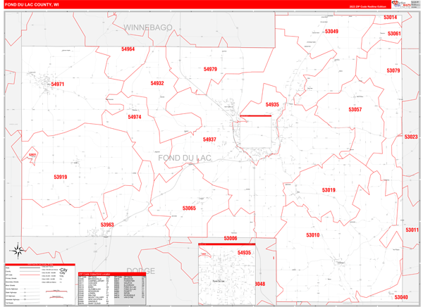 Fond du Lac County, WI Wall Map Red Line Style